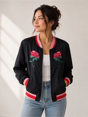 ban.do Black Bomber Jacket with Pink & Red Rose Embroidery